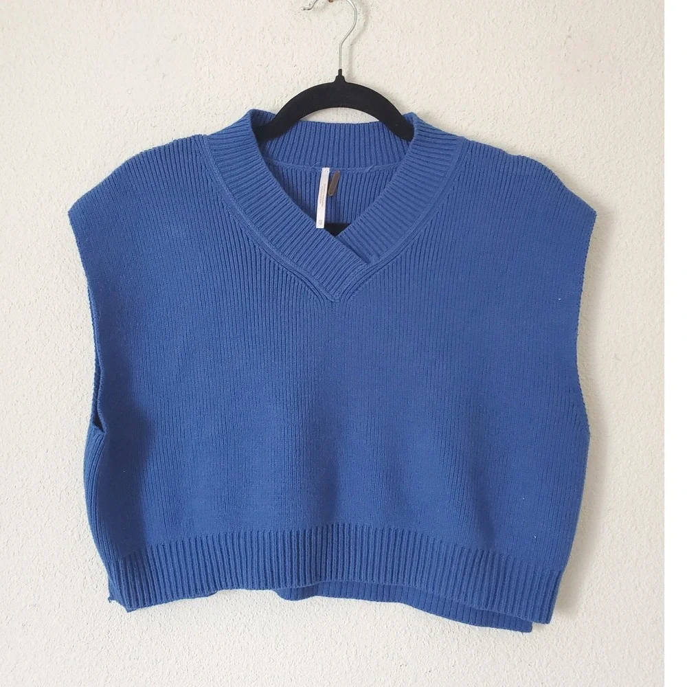 Free People Easy Street Sweater Vest Cobalt Blue Ribbed V-Neck XS OB1751760 - Picture 2 of 11